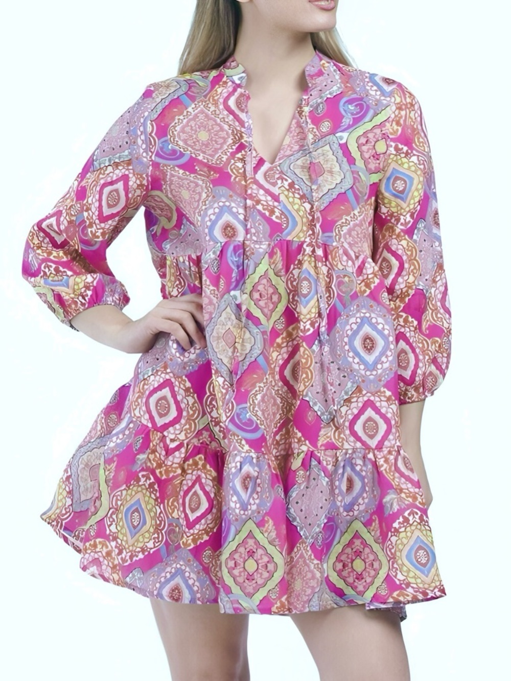 Italian Linen Pink Paisley-Print Baby Doll Tunic Dress
